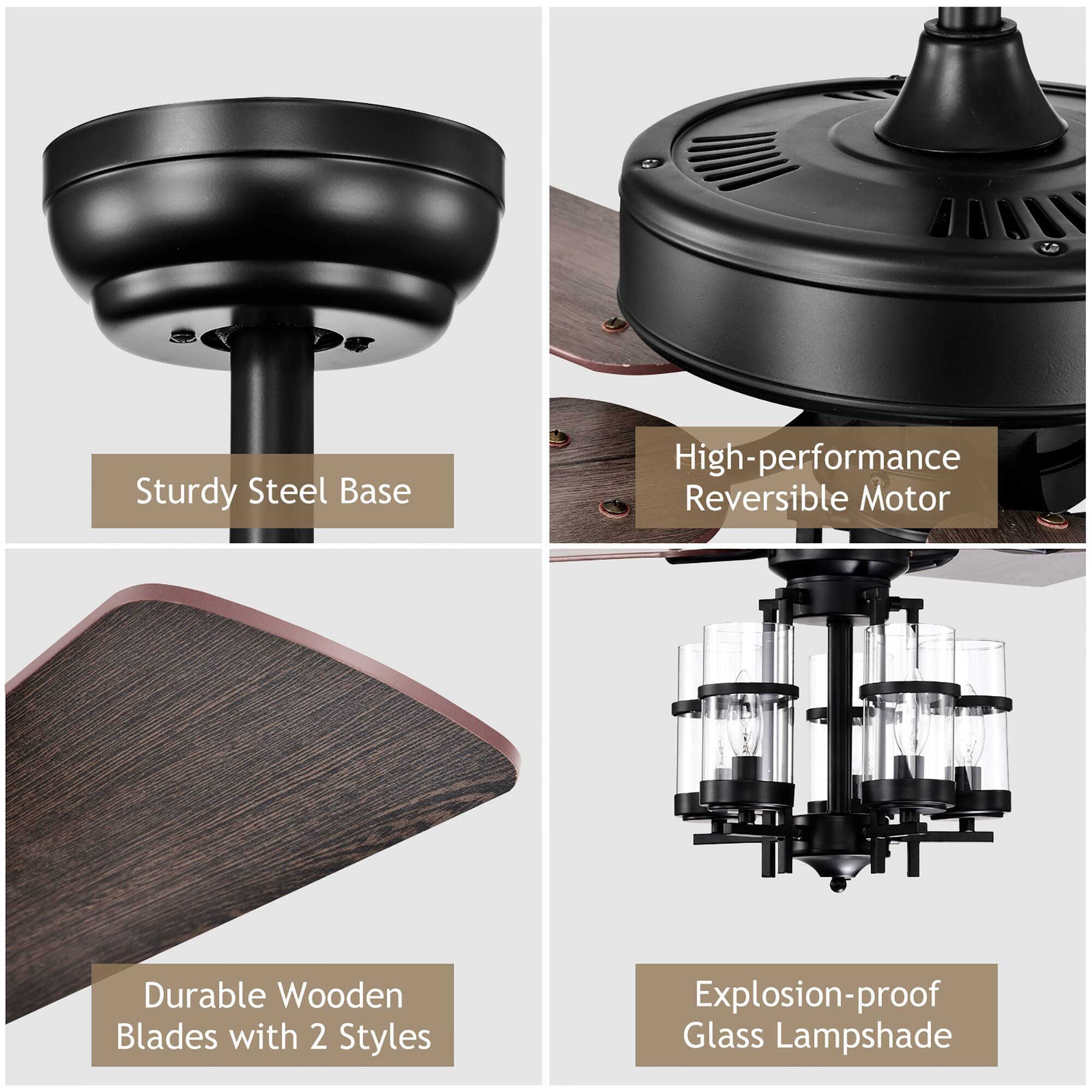 The image features a variety of lamps and lighting fixtures, including a black fan and a glass lampshade. The lamps are displayed in four different styles, each with a unique design. The styles include a sturdy steel base, a high-performance reversible motor, durable wooden blades with two styles, and an explosion-proof glass lampshade. The image showcases the versatility and functionality of these lighting fixtures, making them suitable for various settings and preferences.