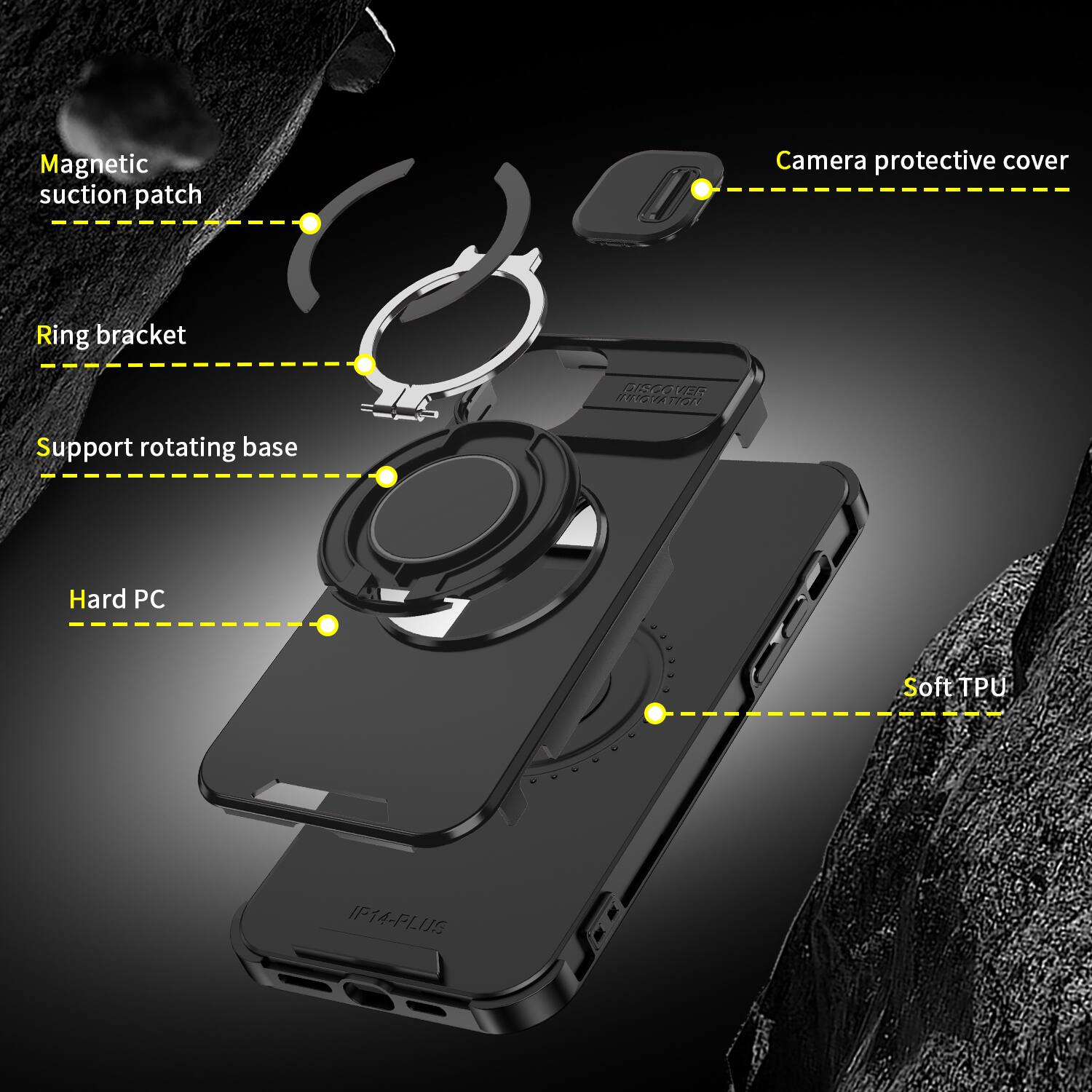Magnetic suction patch  
Camera protective cover  
Ring bracket  
Support rotating base  
Hard PC  
Soft TPU  
IP14-PLUS