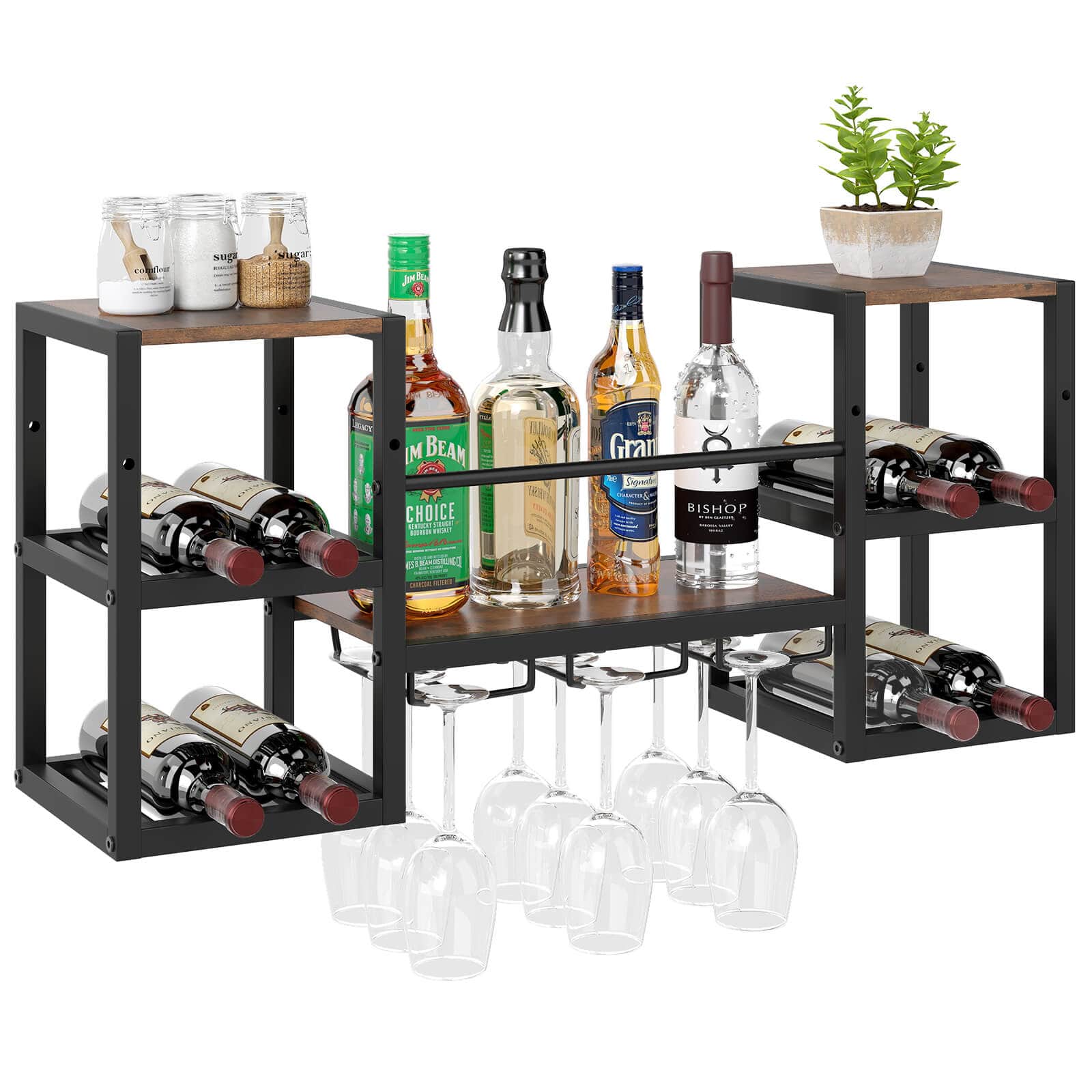 Costway - 3-Tier Wall Mounted Wine Rack with Glass Holder Open Shelf Wine Storage Rack - Brown