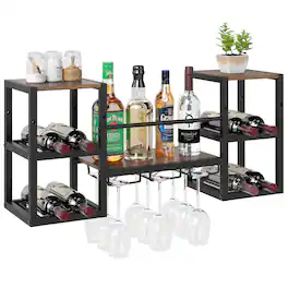 Costway - 3-Tier Wall Mounted Wine Rack with Glass Holder Open Shelf Wine Storage Rack - Brown