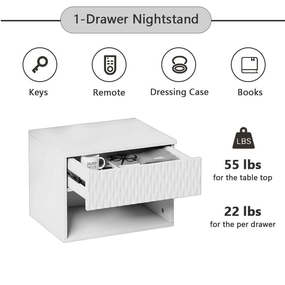 1-Drawer Nightstand

Keys  
Remote  
Dressing Case  
Books  

55 lbs for the table top  
22 lbs for the per drawer