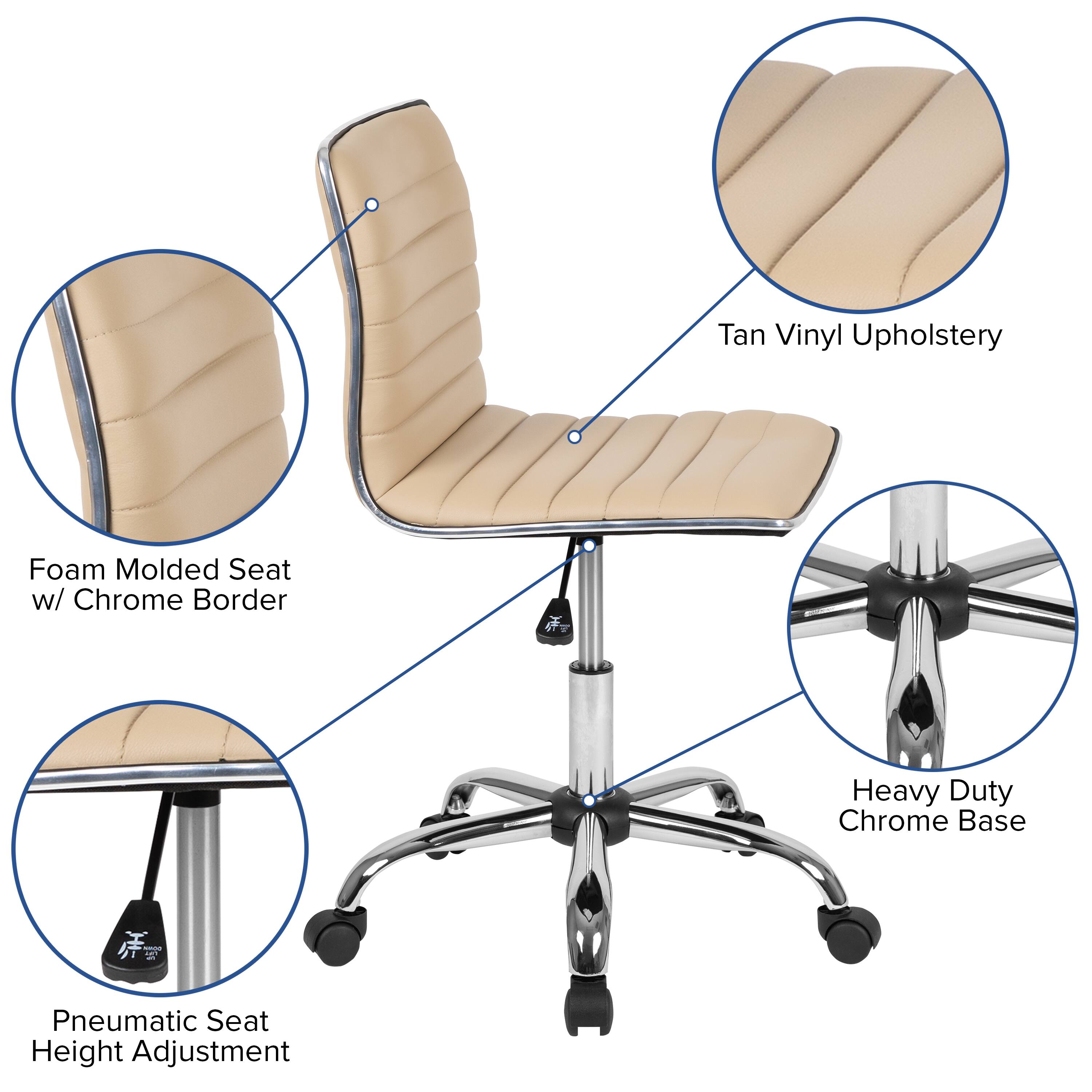 Tan Vinyl Upholstery Foam Molded Seat w/ Chrome Border Heavy Duty Chrome Base 3 Pneumatic Seat Height Adjustment