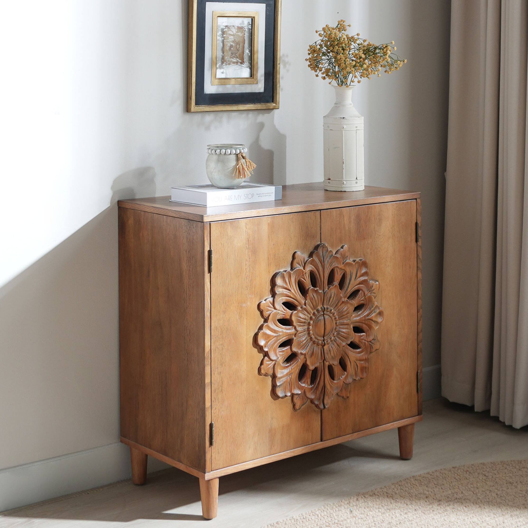 Left. GOODSILO - Hand-Carved Wooden Storage Cabinet with Floral Design - Solid Sideboard for Living Room Entryway Bedroom - Dark Brown.