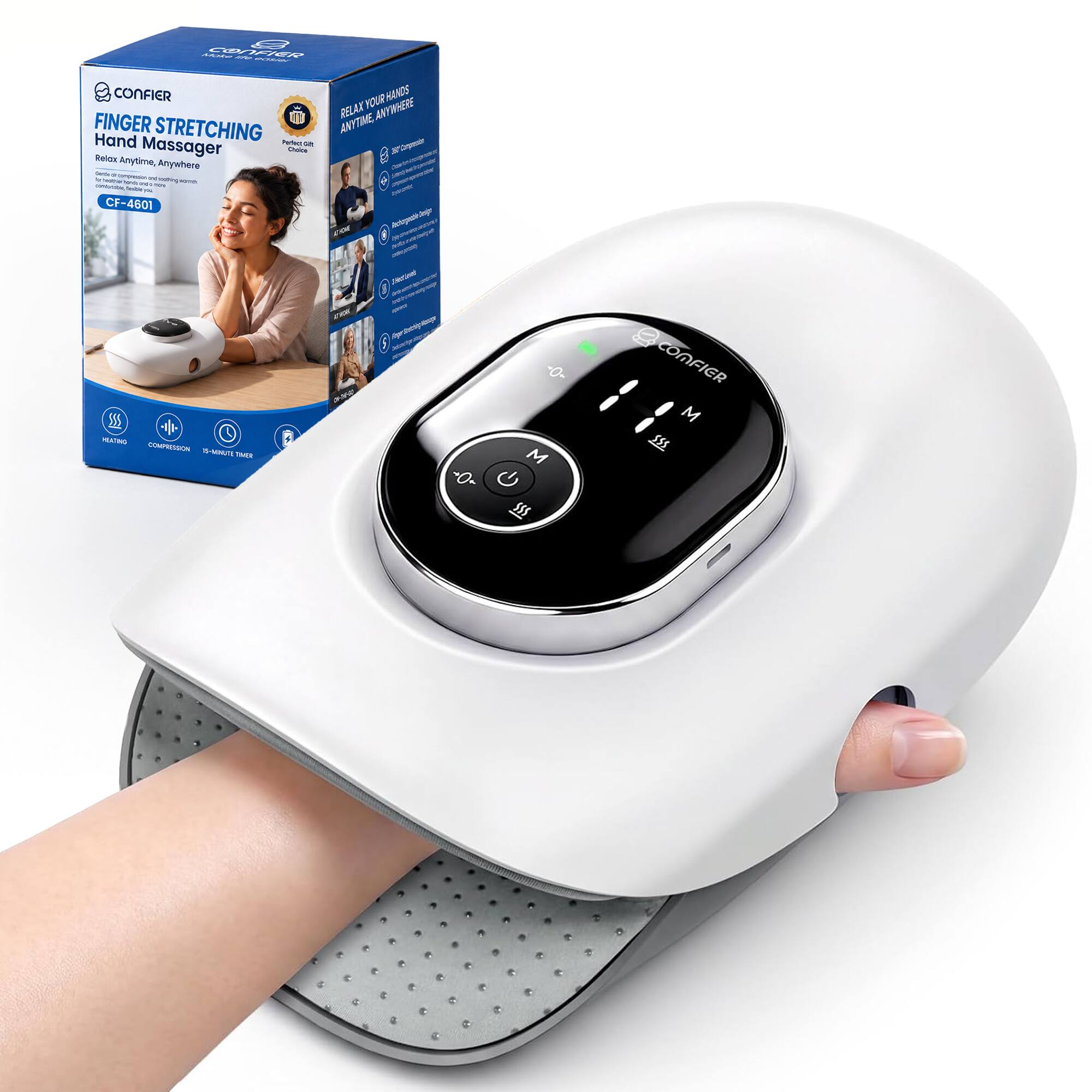 MERE CONFIER 250 PRESSON CONFIER YOUR HANDS FINGER ANYTIME, RELAX ANYWHERE Hand STRETCHING Perfect on Compession Relox Massager Osics Anytime, Anywhere ... Carrola 5 & - www.com n withing m  - - - Sobe S CF-4601 Degir Antograche

SSS HEATING COMPRESSION 15/NBAUTA TIMEK

en

testinal Biger Statter

M

COMFIER M