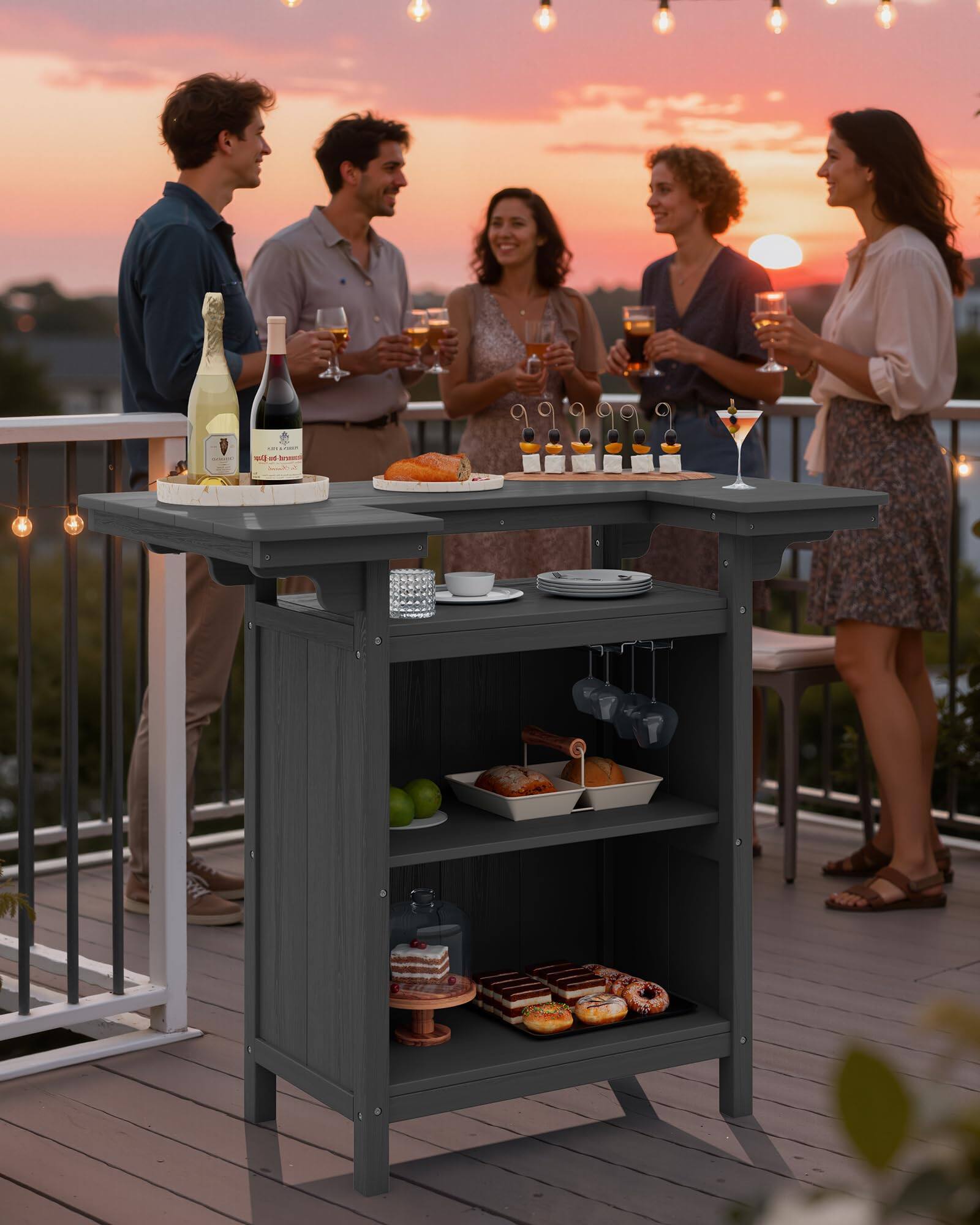 Alt View 5. SERWALL - SERWALL Outdoor Bar Table,HDPE Patio Bar Cabinet with 4-Tier Storage,Grey - grey.