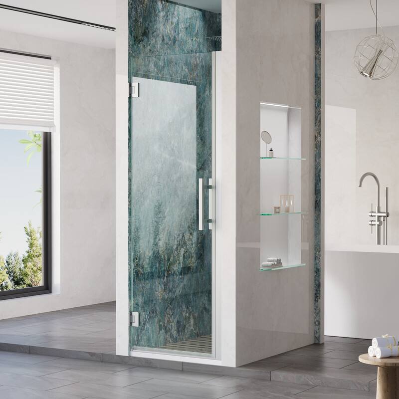 Angle. WELLFOR - 25–26 in. W x 72 in. H Frameless Hinged Shower Door with 3/8" Clear Tempered Glass, Reversible Opening - Chrome.
