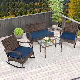 Gymax - Set of 4 Wicker Rocking Set w/ Loveseat & Coffee Table Heavy-Duty Metal Frame Navy - Mix Brown, Navy