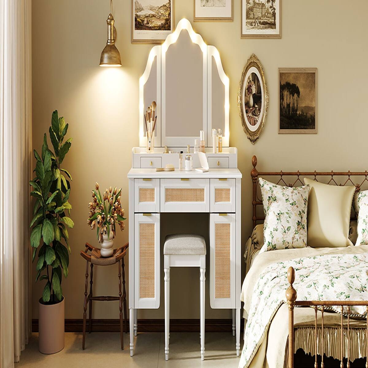 Alt View 4. Loheer - Loheer White Makeup Vanity with Tri Fold Mirror and Matching Stool - White.