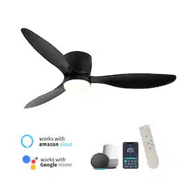 Sofucor - 52 Inch Smart Ceiling Fans with Integrated LED Lights Low Profile Flush Mount Ceiling Fan with Alexa/App/Remote Control - Black