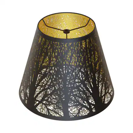 Front. Alucset - Small Metal Barrel Lamp Shade with Black Exterior Gold Interior for Table Lamps and Wall Lights - Etched Forest Pattern - Black & Gold.