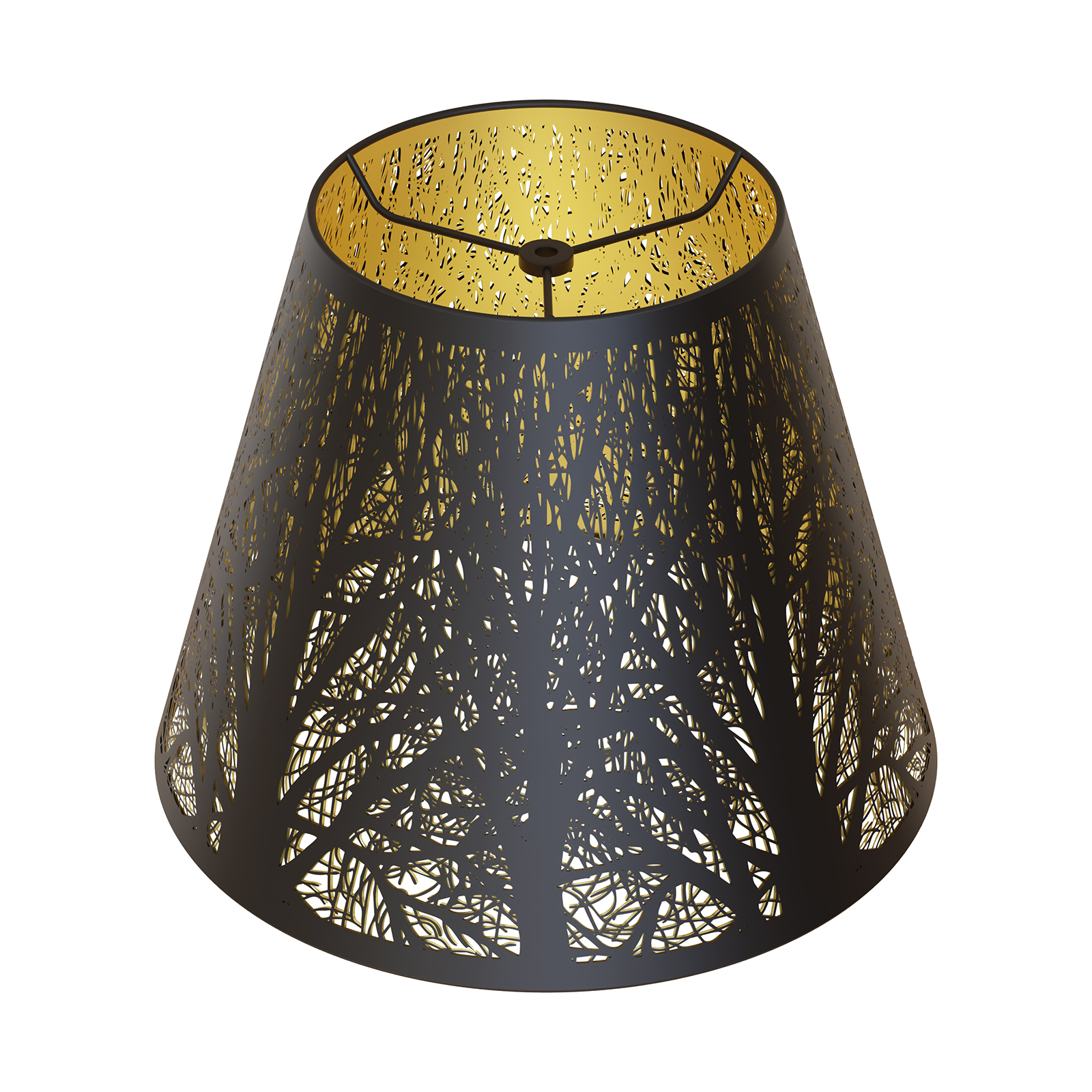 Front. Alucset - Small Metal Barrel Lamp Shade with Black Exterior Gold Interior for Table Lamps and Wall Lights -  Etched Forest Pattern - Black & Gold.