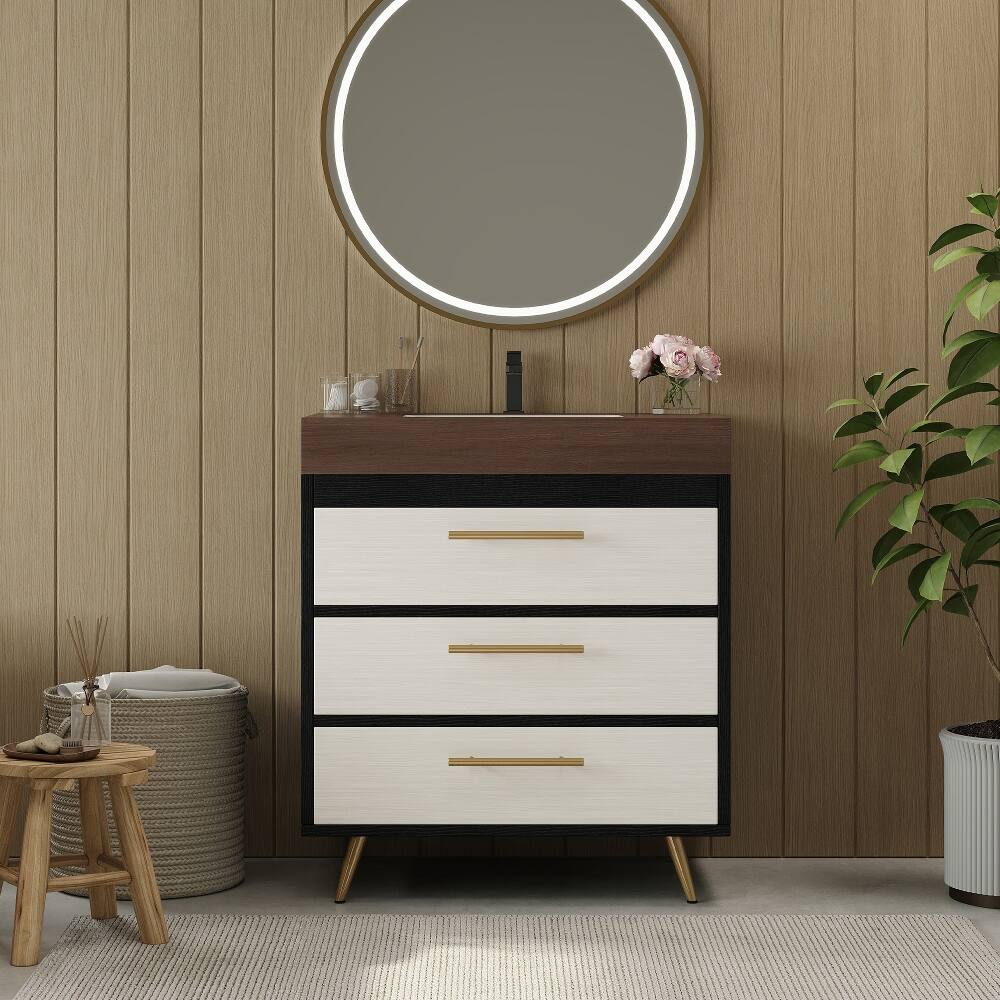 Alt View 4. Loheer - Loheer 29.9 inch freestanding bathroom vanity with ceramic vessel sink sintered stone top white and walnut - White and Walnut.