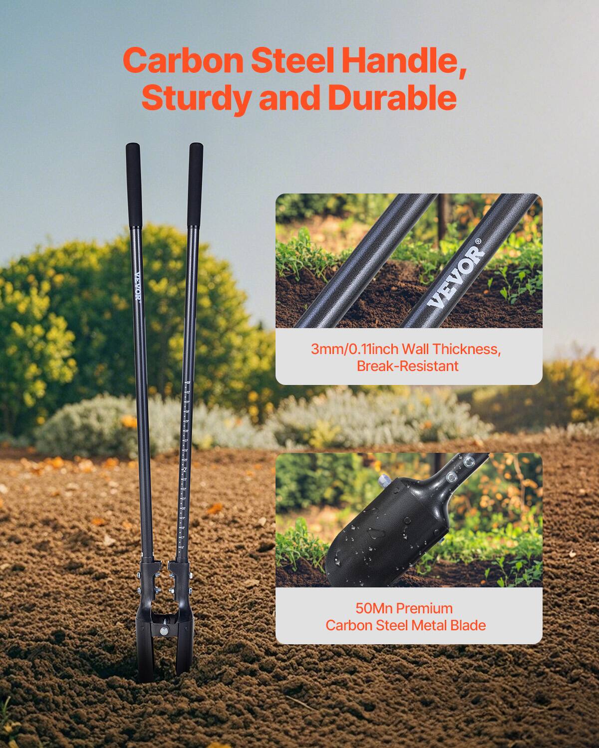 Carbon Steel Handle, Sturdy and Durable

3mm/0.11inch Wall Thickness, Break-Resistant

50Mn Premium Carbon Steel Metal Blade