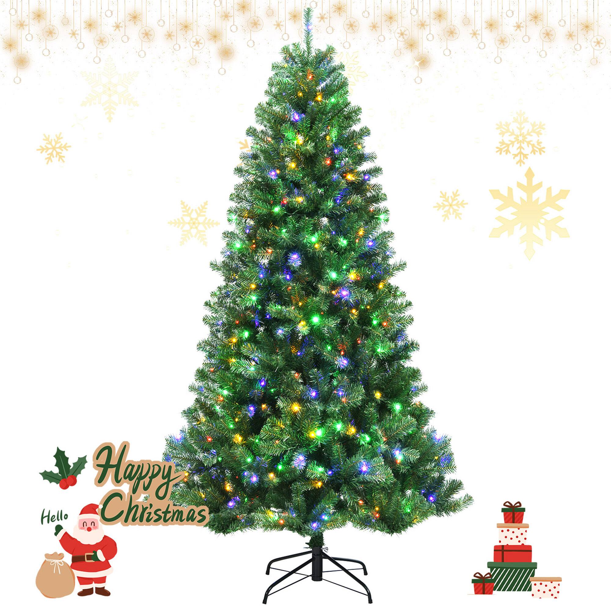 Gymax - 7 FT Pre-lit Artificial Christmas Tree Hinged Xmas Tree w/ 9 Lighting Modes - Green