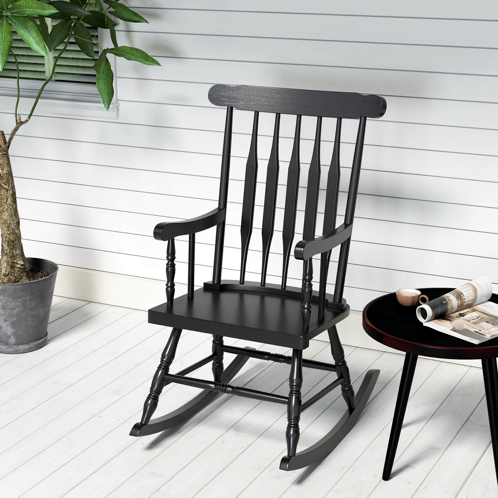 Angle. Costway - Set of 2 Wood Rocking Chair Porch Rocker Indoor Outdoor Seat Glossy Finish - Black.