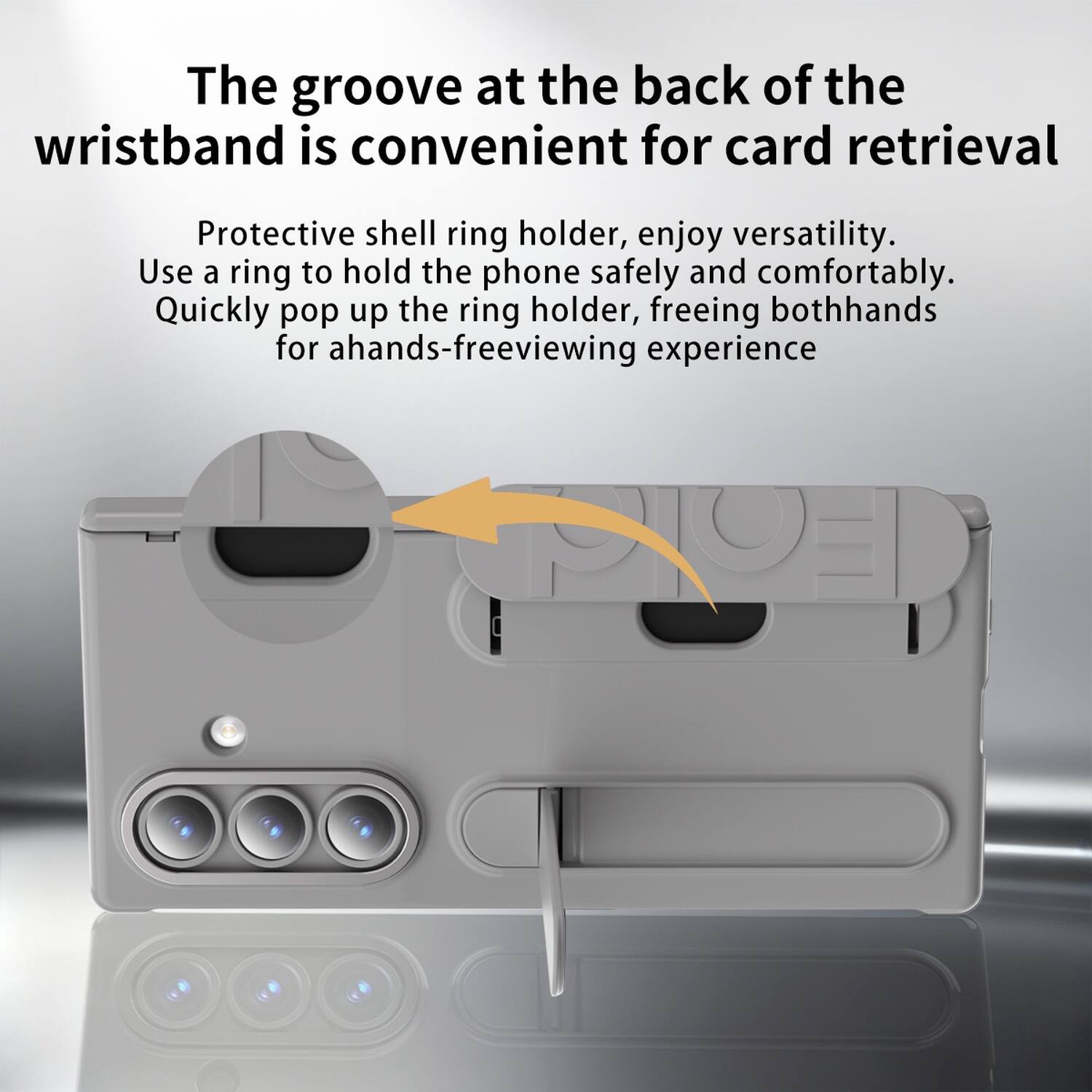The groove at the back of the wristband is convenient for card retrieval. Protective shell ring holder, enjoy versatility. Use a ring to hold the phone safely and comfortably. Quickly pop up the ring holder, freeing both hands for a hands-free viewing experience.