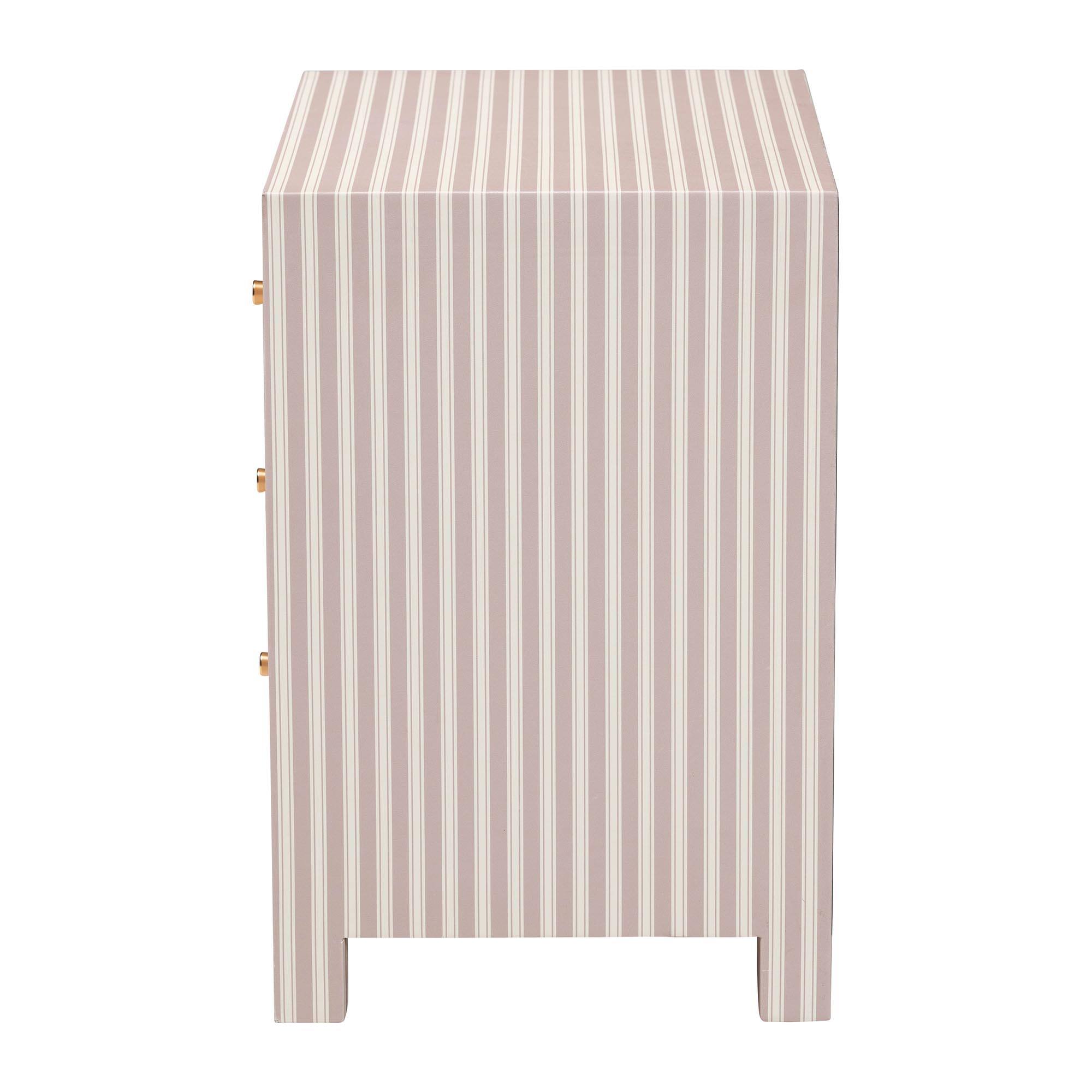 Back. Baxton Studio - Javianne End Table with Striped Faux Leather - 3-Drawer Storage Cabinet with Gold Knobs - White/Beige/Brass.