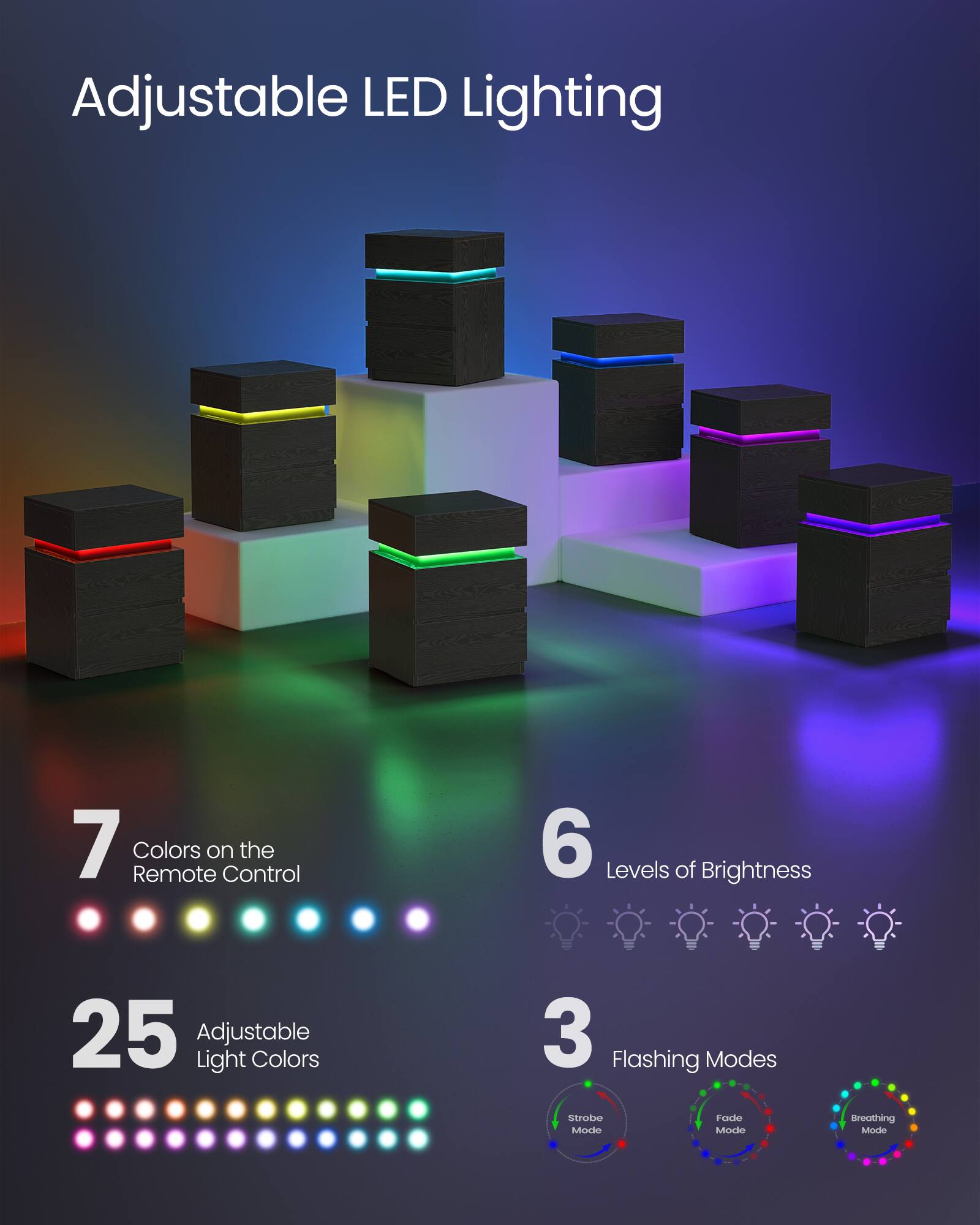 Adjustable LED Lighting

7 Colors on the Remote Control

25 Adjustable Light Colors

6 Levels of Brightness

3 Flashing Modes: Strobe Mode, Fade Mode, Breathing Mode