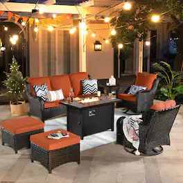 Ovios - 7 PCS Patio Furniture High Back Sofa Set with 42" Fire Pit Table, Swivel Chairs & Ottoman - Orange Red(Brown Wicker)
