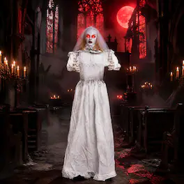 Costway - Life-size Bride-to-Hag Halloween Animatronics with Glowing Eyes, Creepy Sounds - White
