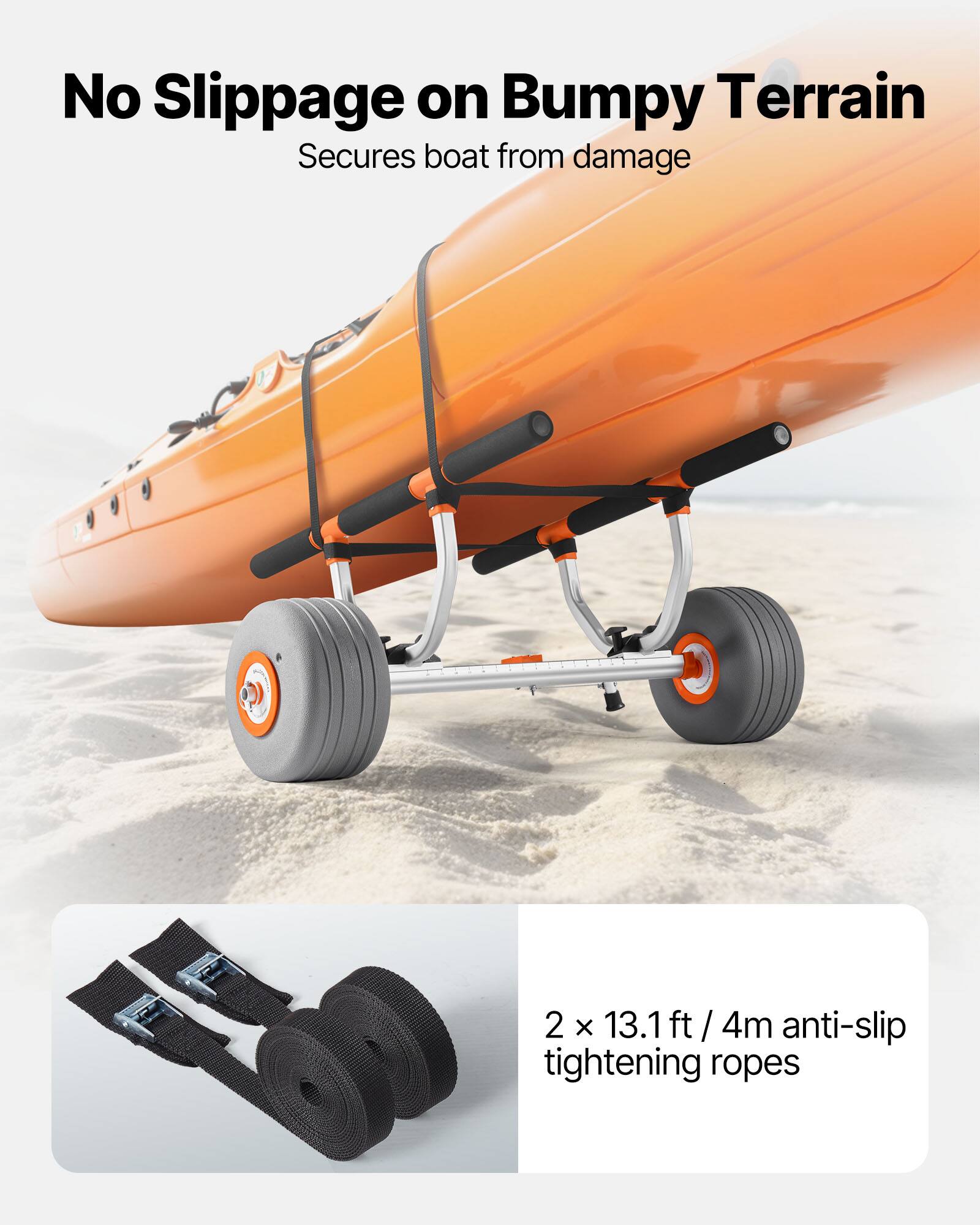 No Slippage on Bumpy Terrain  
Secures boat from damage  

2 x 13.1 ft / 4m anti-slip tightening ropes