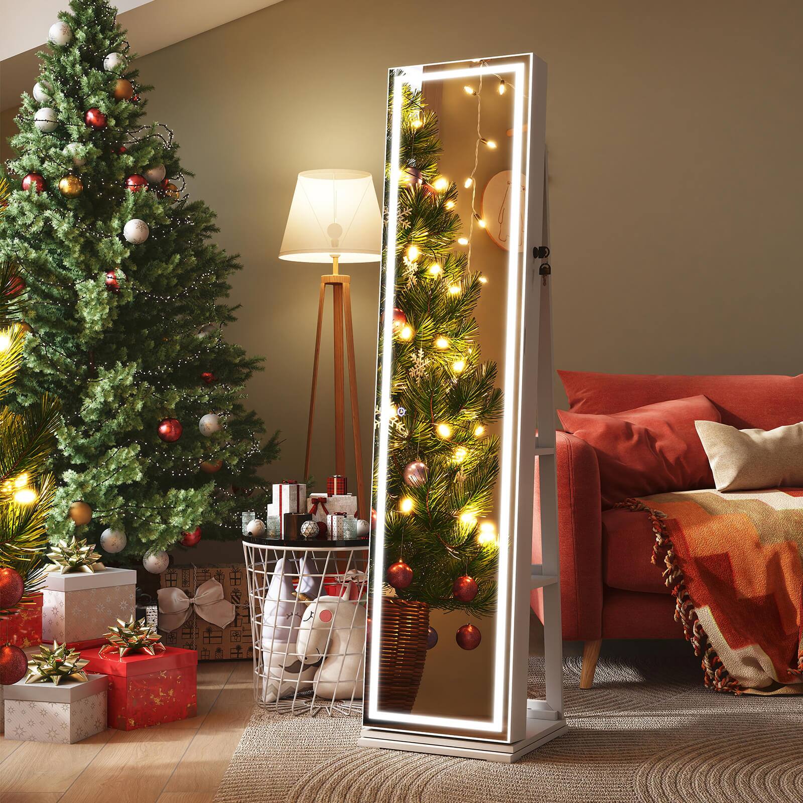 Alt View 4. Costway - Costway 360° Swivel Jewelry Cabinet with Lighted Full Length Mirror & Back Shelves, Lights - White.