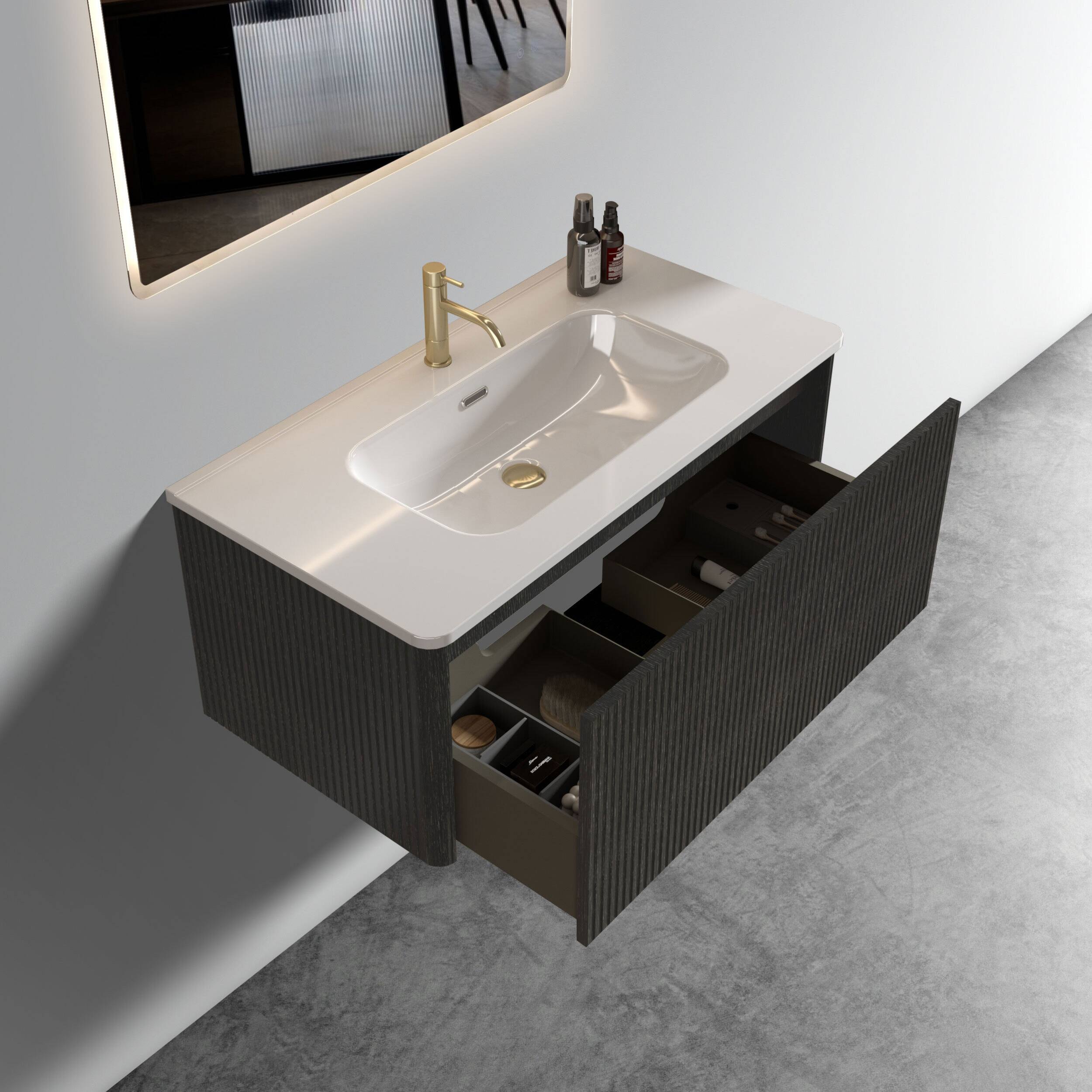Angle. ELEMENT ACE - Modern Floating Bathroom Vanity with Integrated Ceramic Sink and Spacious Storage - Black.