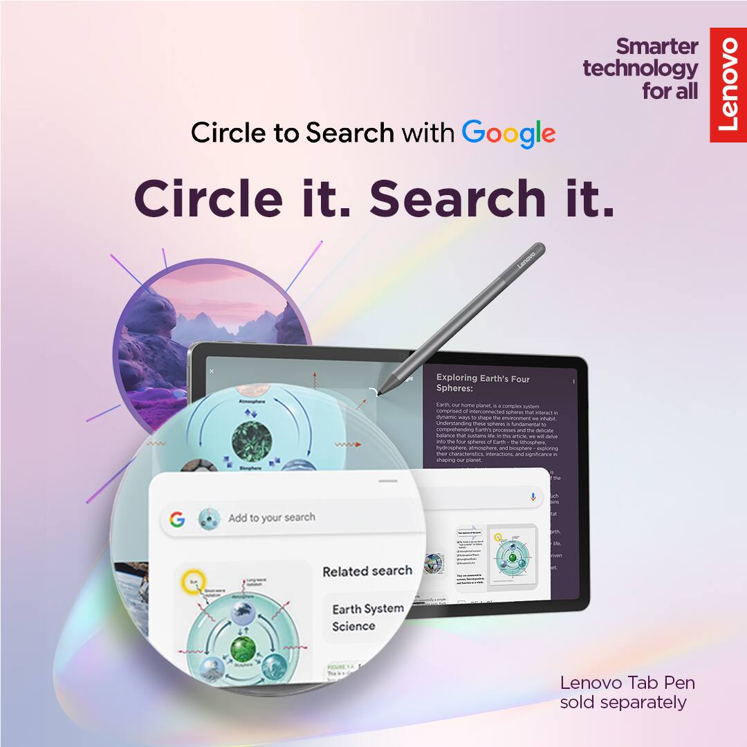 Smarter technology for all  
Lenovo  
Circle to Search with Google  
Circle it. Search it.  

Exploring Earth's Four Spheres:  
Earth, our home planet, is a complex system composed of interconnected spheres that interact in a delicate balance that sustains life. In this article, we will delve into the four spheres: the hydrosphere, atmosphere, and biosphere - exploring their characteristics, significance, and how they shape our planet.  

Add to your search  
Related search  
Earth System Science  

Lenovo Tab Pen sold separately