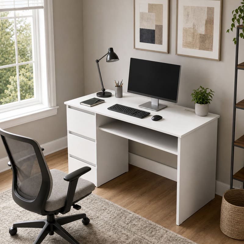 WELLFOR - 42 in Computer Desk with 3 Drawers & USB Power Outlets, Wood Home Office Desk - White