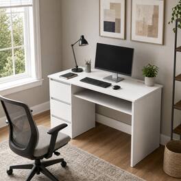 WELLFOR - 42 in Computer Desk with 3 Drawers & USB Power Outlets, Wood Home Office Desk - White