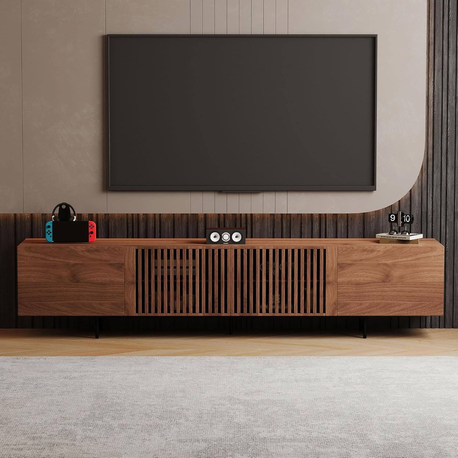 Alt View 1. luck idea - 94.48" Fluted Wood TV Stand for TVs Up to 100", Modern Walnut Media Console with Soft Close Doors & Cable Holes - brown.
