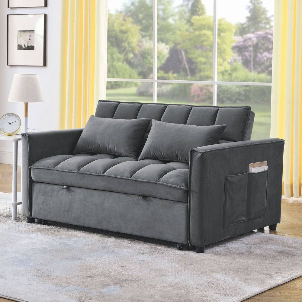 Left. Kadyn - 54 Inch Adjustable Backrest Sofa, Sofa Bed, Futon Sofa with Double Armrest and Pouch for Living Room - Medium grey.
