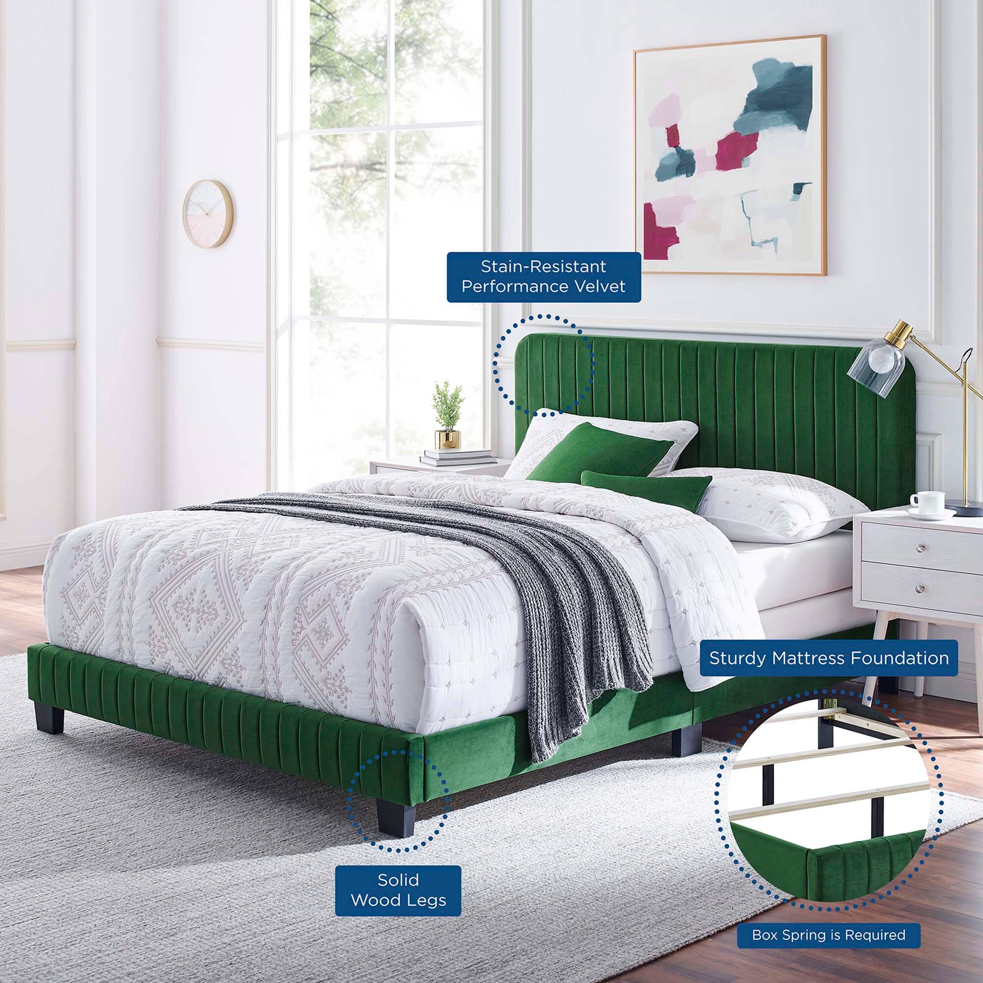 - Stain-Resistant Performance Velvet
- Sturdy Mattress Foundation
- Solid Wood Legs
- Box Spring is Required