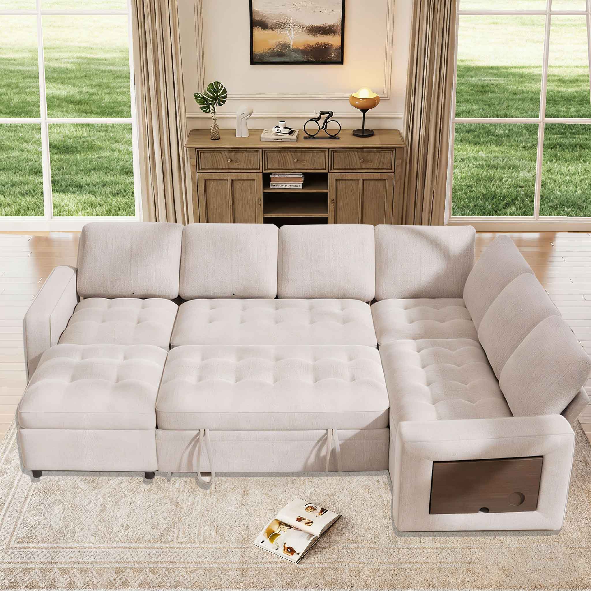 Front. Dyonery - Dyonery 7-Seat Modular Sectional Sleeper Sofa with Pull-Out Bed, Reclining Backrest, USB Ports, Table, LED Lights,Beige - Beige.