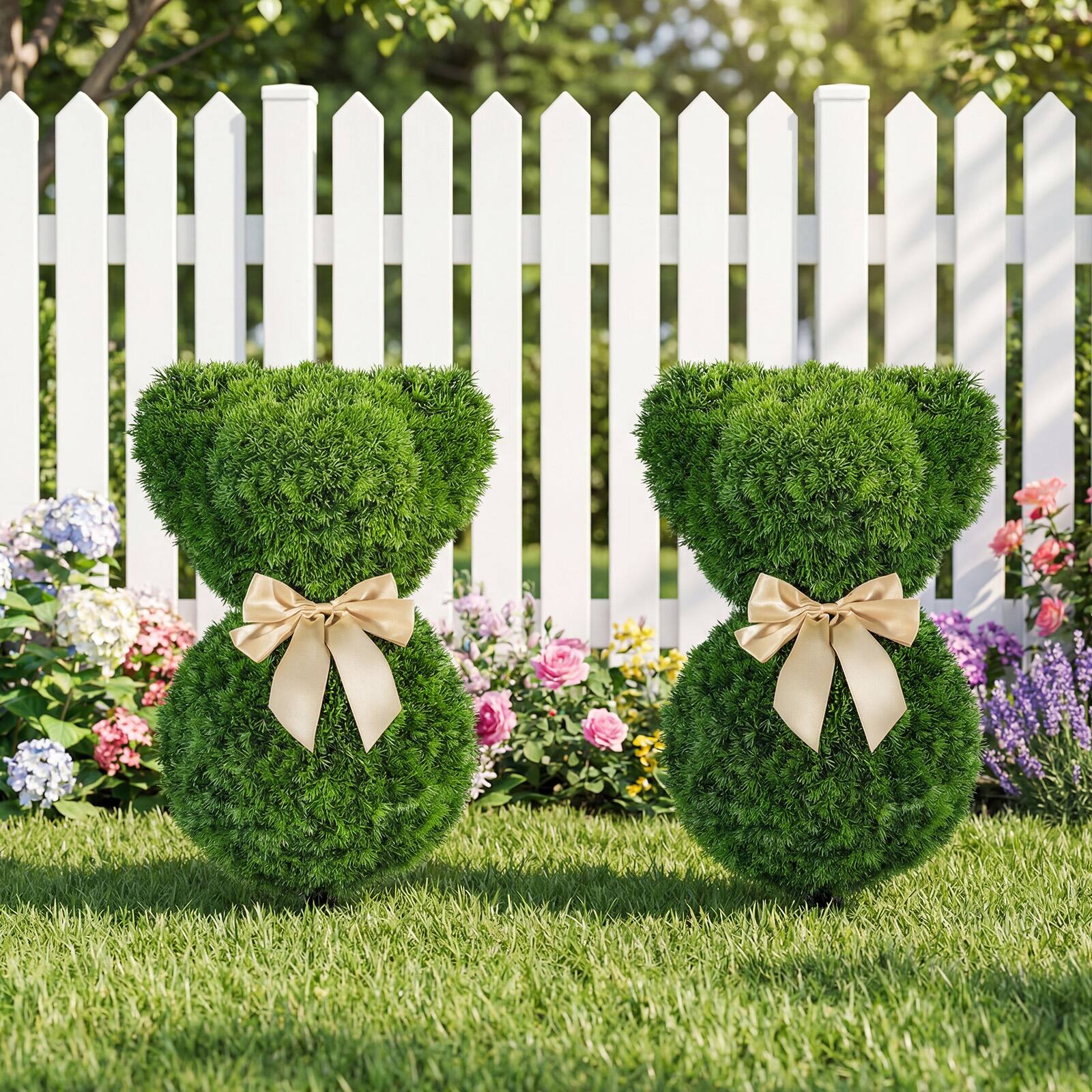 Alt View 5. Costway - Costway 2 Pcs Teddy Bear Topiary Trees, Sun-resistant Faux Boxwood Plants with Bowknot - Green + Golden.