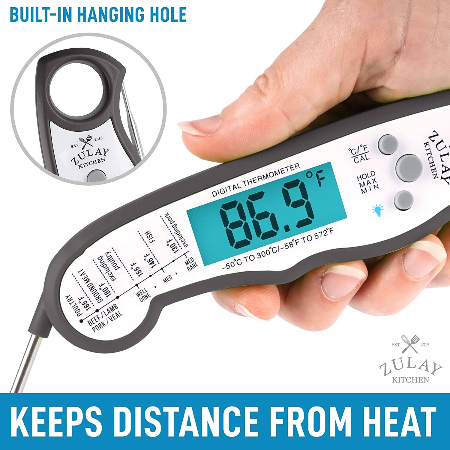 BUILT-IN HANGING HOLE, KEEPS DISTANCE FROM HEAT, 2015 NET ZULAY C/F KITCHEN CAL THERMOMETER, HOLD MAX N DIGITAL MIN, I FISH excluding pork, pork F 130, 86.9, 300C/-58F TO 572F, poultry 145F MED TO L RARE, -50C excluding 155F MED GROUND MEAT F 160F, WELL DONE POULTRY 165F /LAMB BEEF : VEAL