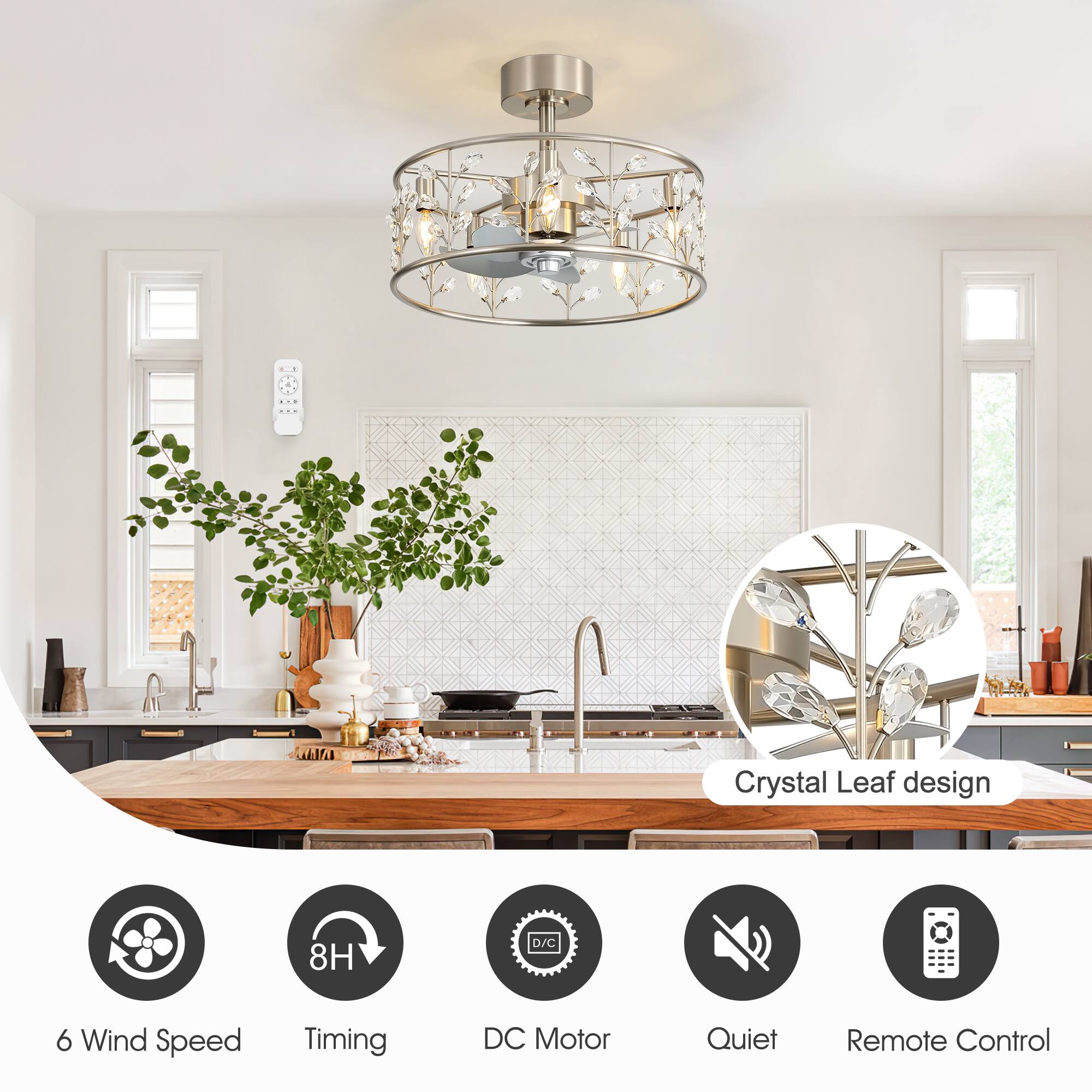 Crystal Leaf design  
8H D/C  
6 Wind Speed  
Timing  
DC Motor  
Quiet  
Remote Control