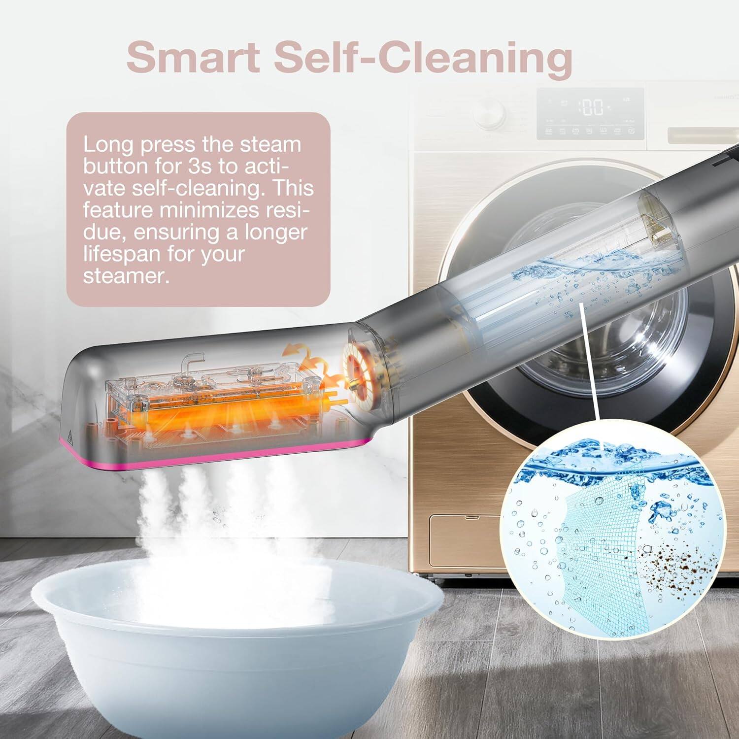 Smart Self-Cleaning

Long press the steam button for 3s to activate self-cleaning. This feature minimizes residue, ensuring a longer lifespan for your steamer.