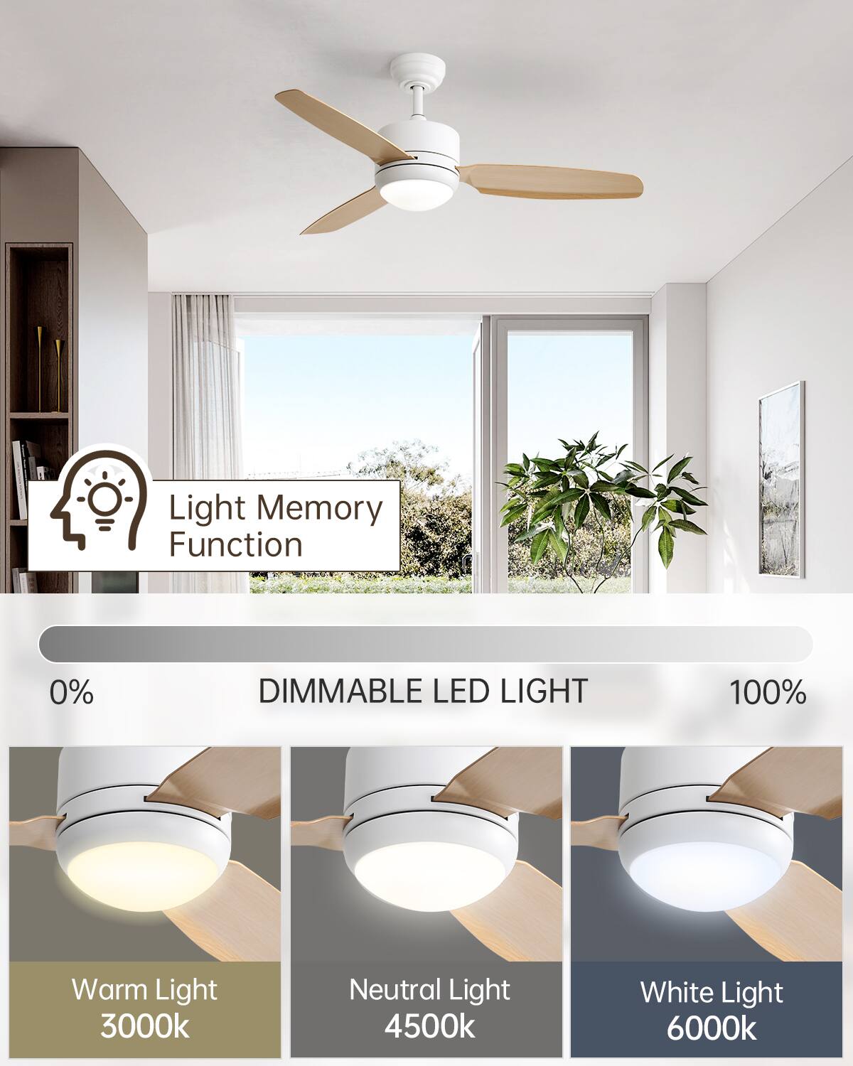 Light Memory Function

DIMMABLE LED LIGHT

0% - 100%

Warm Light 3000k

Neutral Light 4500k

White Light 6000k