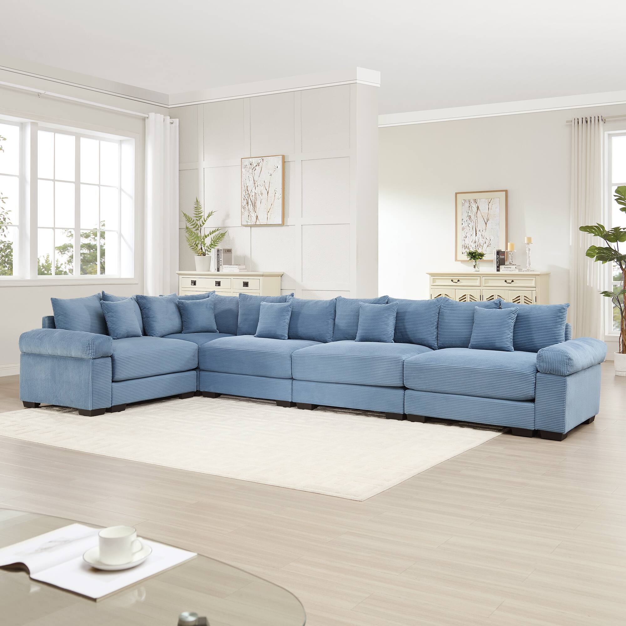 Angle. LOVMOR - Modular Deep Seat Corduroy Sectional Couch Storage Ottoman Compressed Pack For Study Den Soft Textured Home TV - Blue.