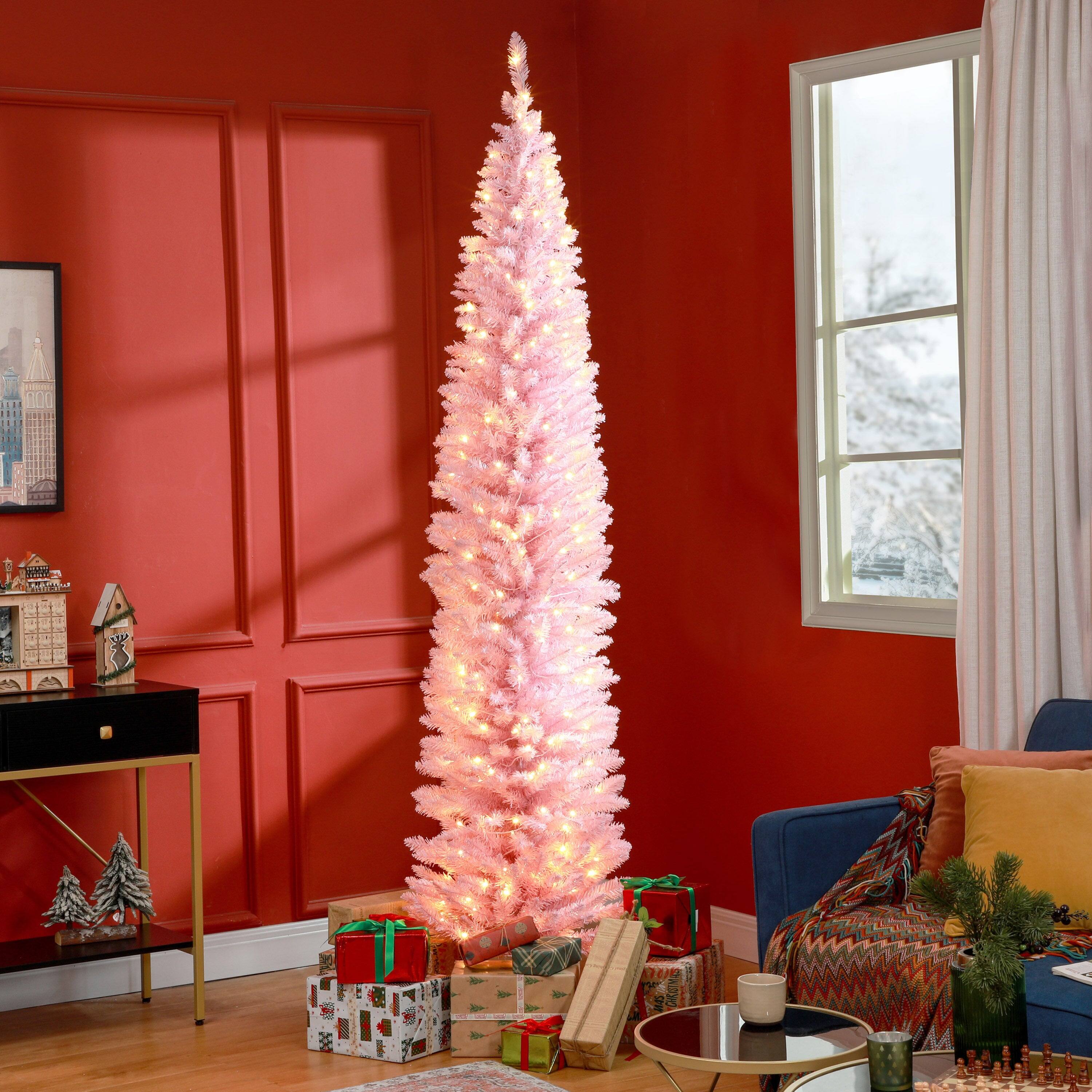 Angle. BreeBe - 8 ft Tall Pre-Lit Slim Noble Fir Artificial Christmas Tree with 300 Warm White LED Lights and 618 Tips - Pink.