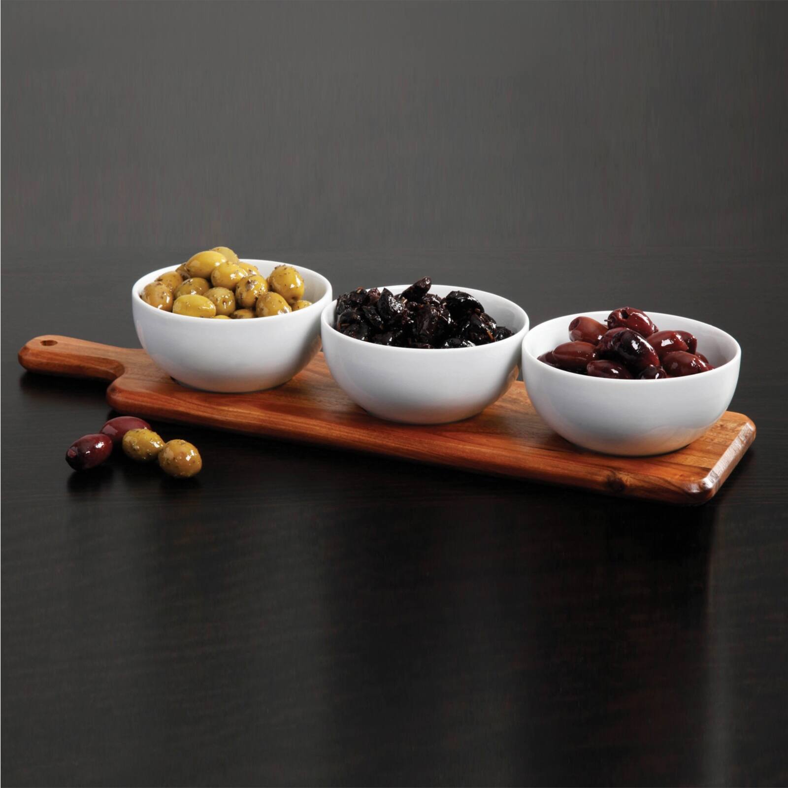 Alt View 3. Gibson - Gibson Gracious Dining 3 Piece Tidbit Bowl Set on Wood Paddle - White.