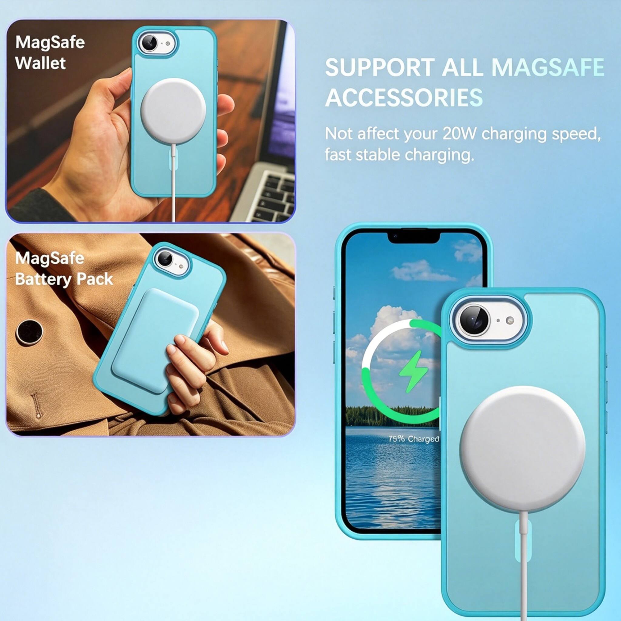 MagSafe Wallet SUPPORT ALL MAGSAFE ACCESSORIES Not affect your 20W charging speed, fast stable charging. MagSafe Battery Pack 75% Charged