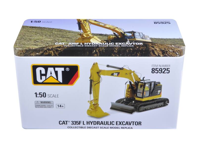 1:50 SCALE CAT 335F L HYDRAULIC EXCAVATOR COLLECTIBLE DIECAST SCALE MODEL REPLICA  
CAT 1:50 SCALE CAT ITEM NUMBER 85925  
WARNING: CHOKEING HAZARD - Small parts. Not for children under 3 years.  
CAT 335F L HYDRAULIC EXCAVATOR COLLECTIBLE DIECAST SCALE MODEL REPLICA