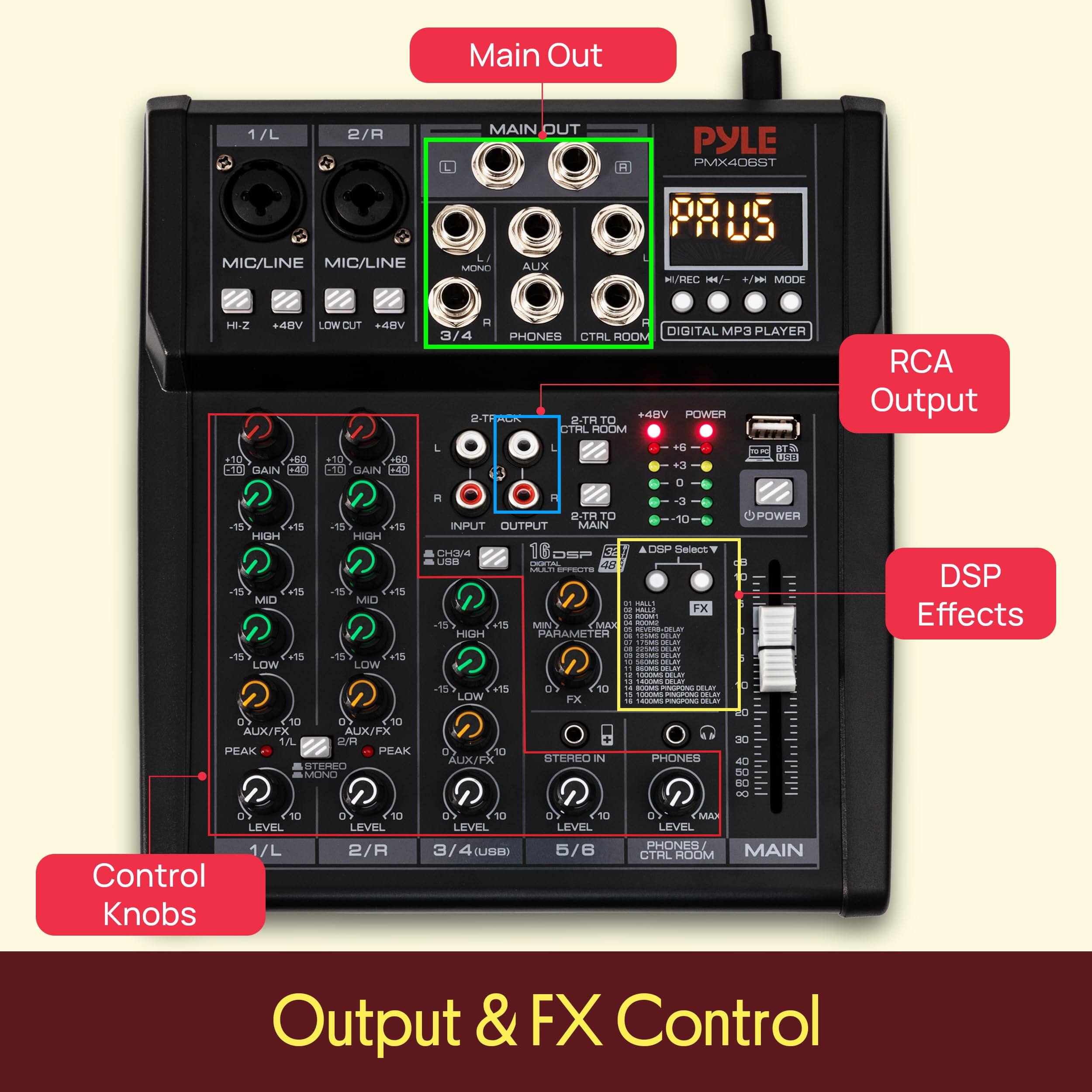Main Out 1/L 2/R MAIN OUT PYLE PMX4DBST MIC/LINE MIC/LINE MOND AUX PRUS HUREC HH/- / MODE HI.Z 4HV LOW CUT Vidh R H DIGITAL MP3 PLAYER 3/4 4 PHONES CTAL ROOM -THK +48V POWER 2.TR TO CTHL ROOM RCA Output +10 P +10 150 -10 GAIN -40 -10 GAIN -4 789 5 79 19 HGH HIGH -15% 15 5 +15 MID MID 59 15 e +15 LOW LOW 05 10 6 10 AUX/FX ALIX/FX 1/L 2/R Control Knobs L + +3 O R R -3 2-TH TO 10 INPUT OUTPUT MAIN CHOVA 18 . DUP Select DEP USB EA 48 : - -L d - FX   d C -15 +15 MN MAX S HL HILH PARAMEE  FeA CE d : Fo e 1_tornsce : adddas : C A 1