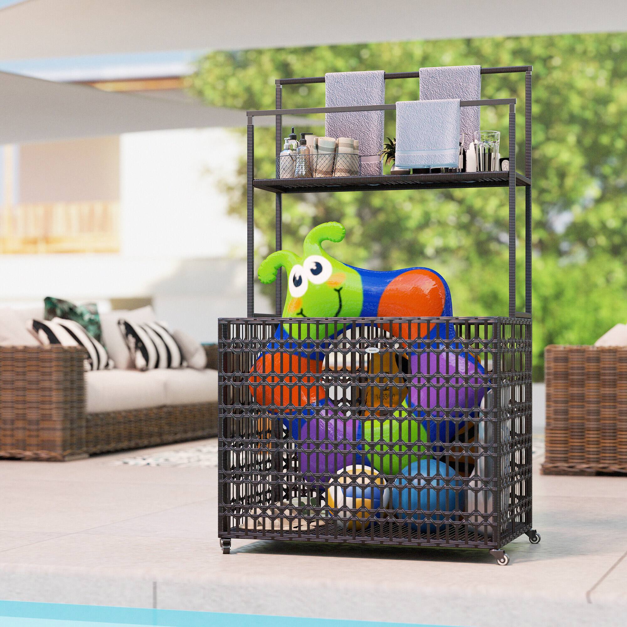 Alt View 5. Outsunny - Outsunny Wicker Pool Float Storage Organizer, PE Rattan Pool Float Holder with Basket Shelf Towel Bars - Brown.