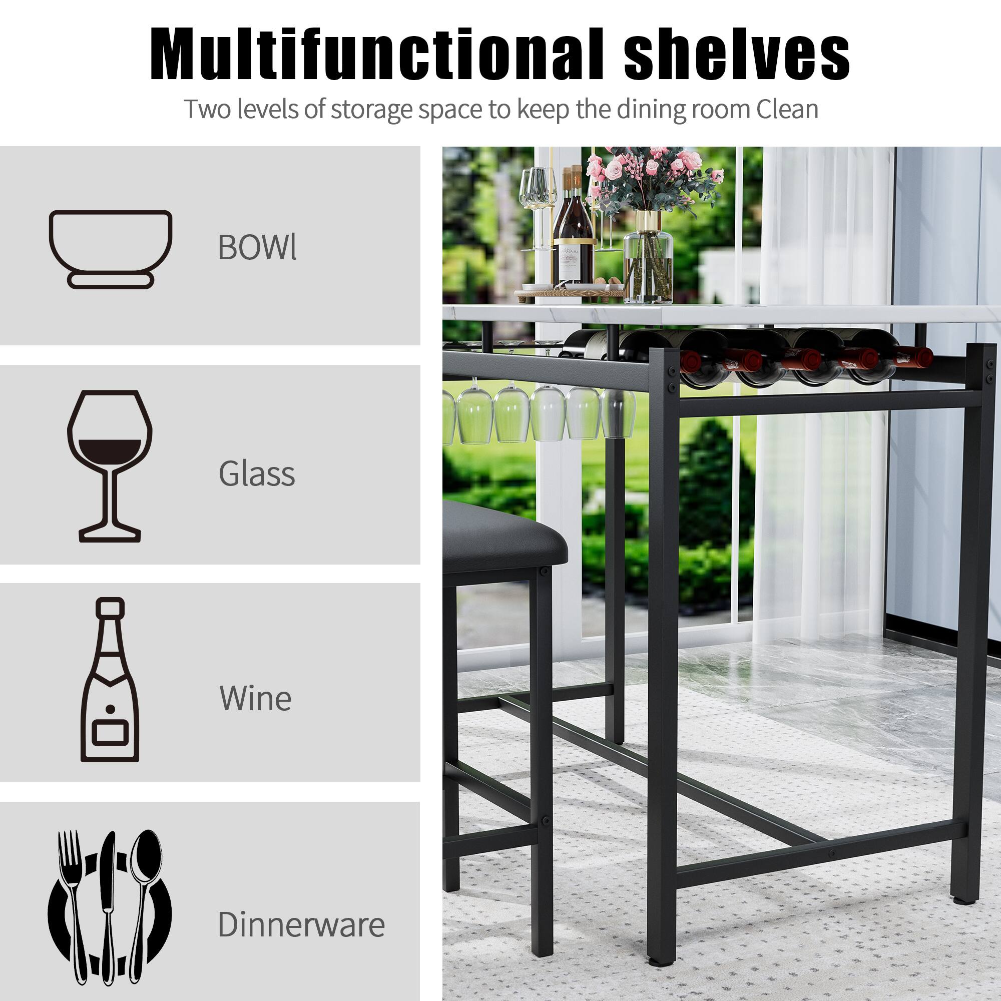 Multifunctional shelves  
Two levels of storage space to keep the dining room clean  

- BOWL  
- Glass  
- Wine  
- Dinnerware