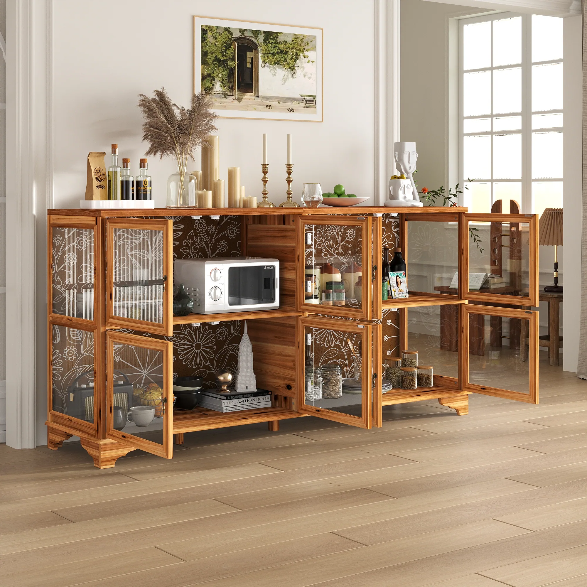 Alt View 6. Famapy - Famapy Wooden Buffet with Glass Doors: Patterned Interior & Classic Handles Sideboards - Wooden.