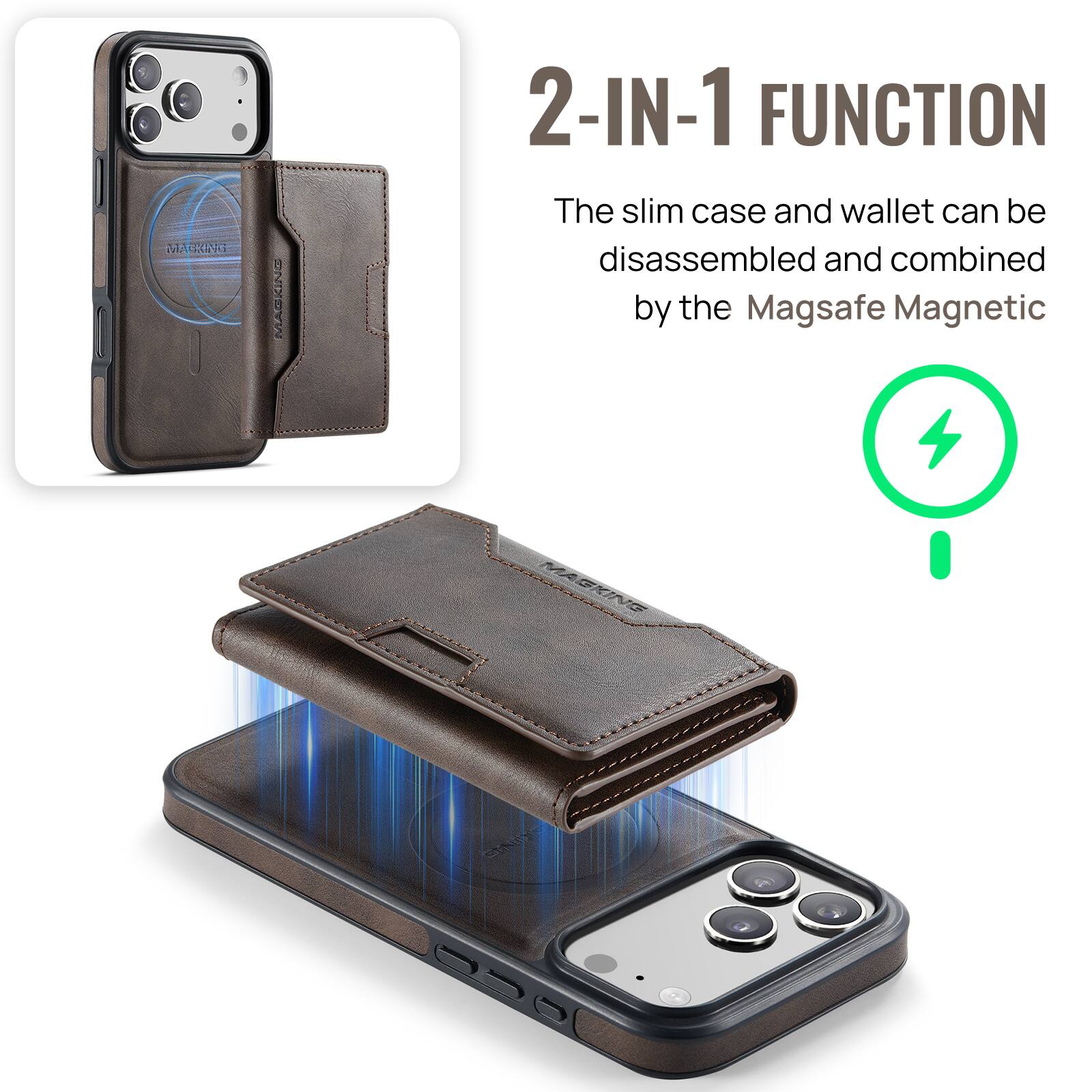 MARRNG MAGRING 2-IN-1 FUNCTION  
The slim case and wallet can be disassembled and combined by the Magsafe Magnetic