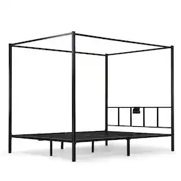 CloudRest Pro - King Canopy Bed Frame with Movable Charging Station Metal Bed Frames - Black